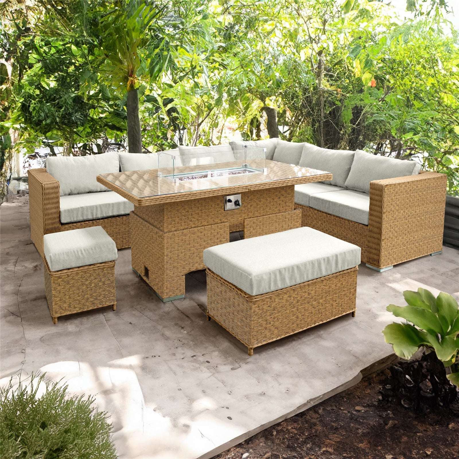 Buxton Rattan 9 Seat Rising Firepit Corner Set | Mixed Brown