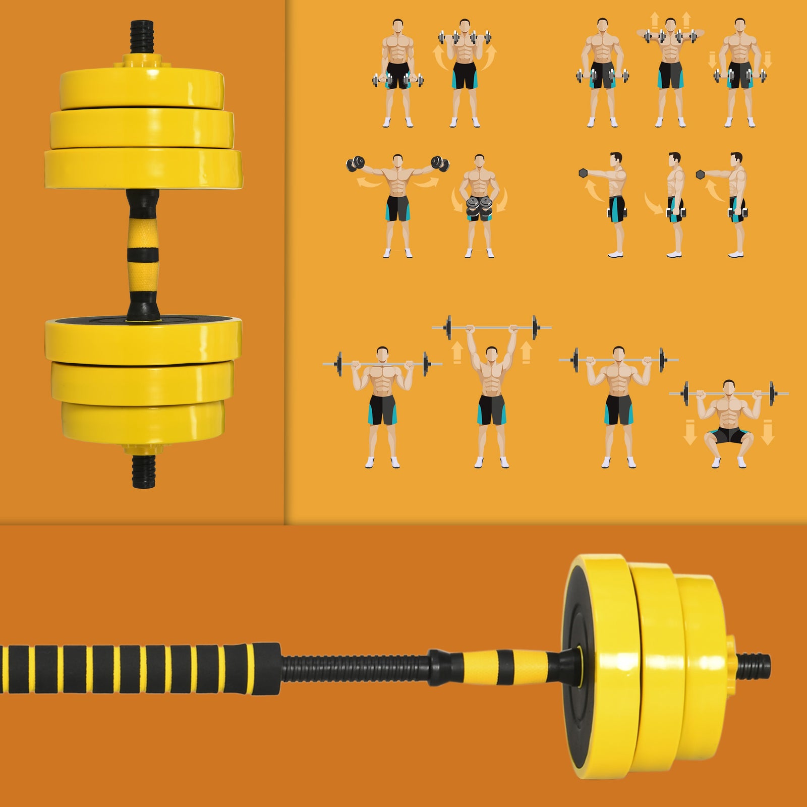 2 In 1 Barbell & Dumbbell Set | 25kg | Yellow