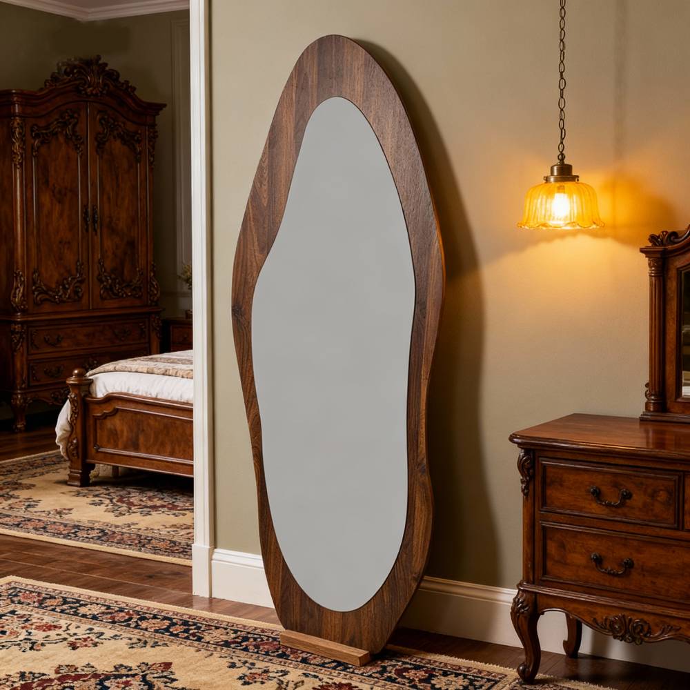Full-length Mirror With Walnut Wood Frame, Vertical Design, Tempered Glass