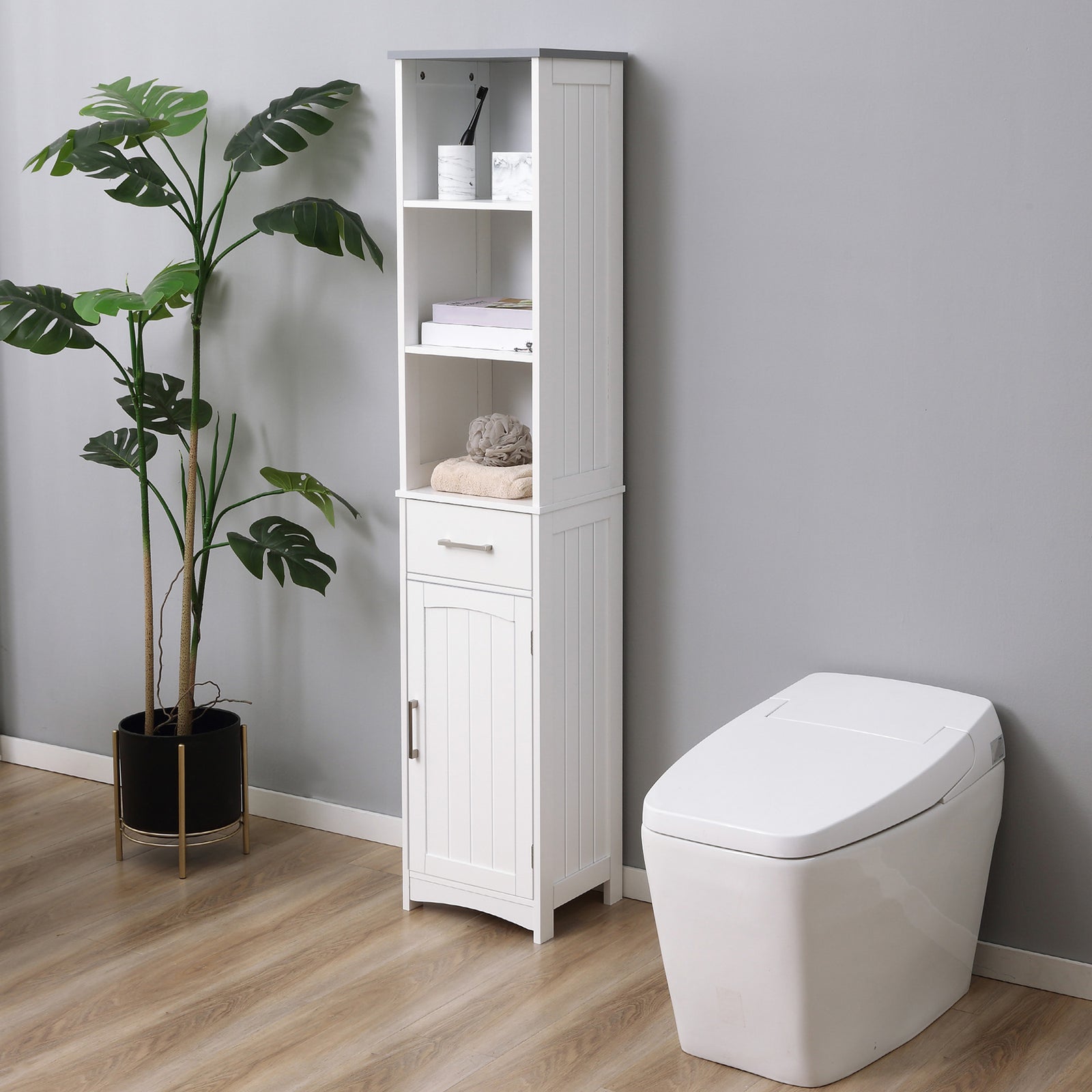 Tall Bathroom Storage Cabinet Slim Freestanding Linen Tower