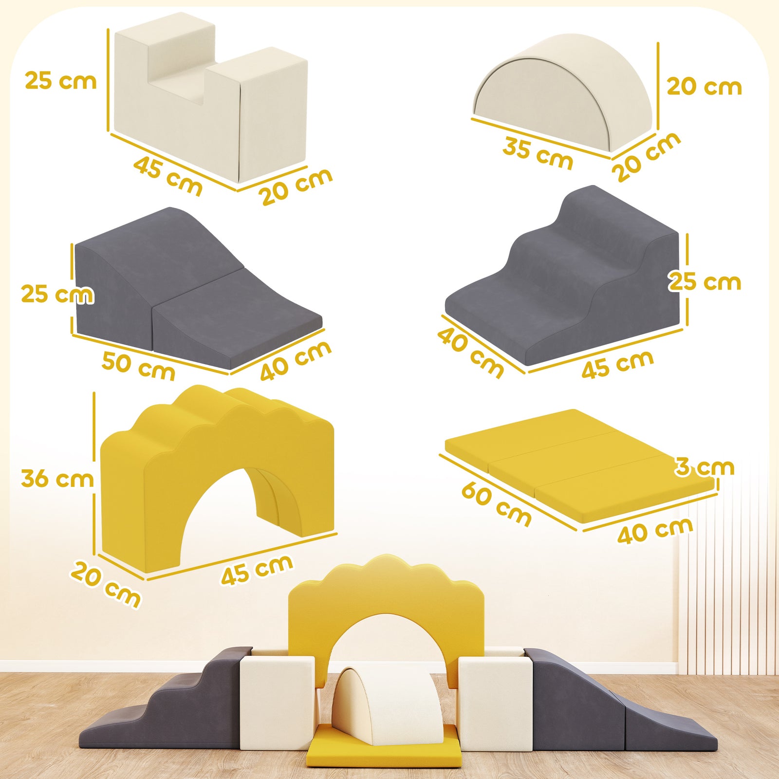 Kids Soft Play Set, 7 Piece Foam Climbing Blocks | Yellow