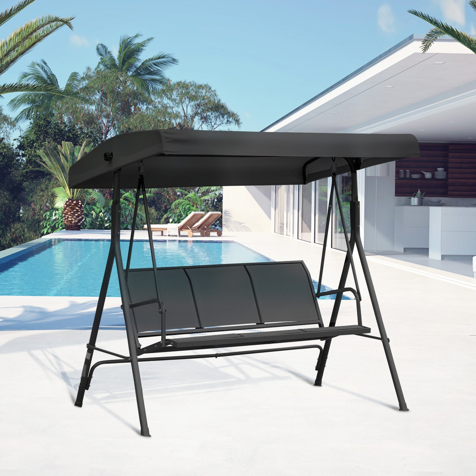 3 Seater Garden Swing Patio Hammock With Canopy For Outdoor | Black