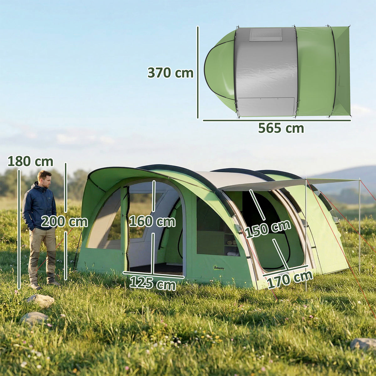 Family Camping Tent Waterproof Tunnel Tent 4 Person | Green
