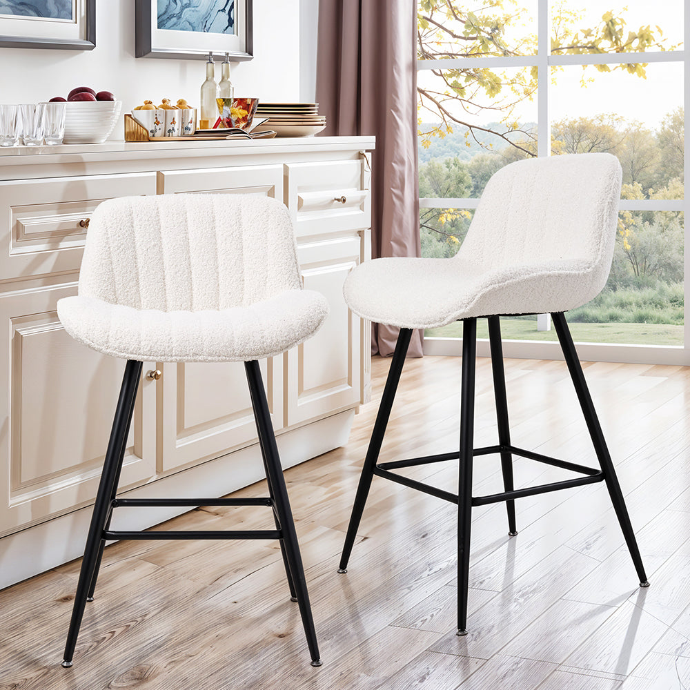 Set Of 2 Modern Sherpa Fleece Bar Stools With Backrest – Soft Padded Seat, Metal Legs