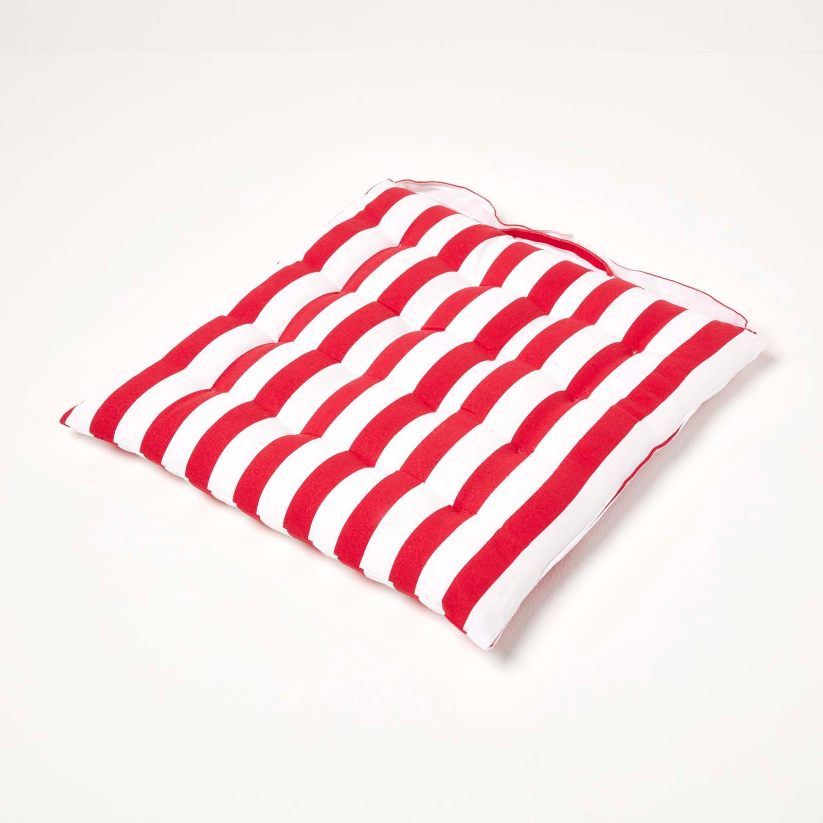 Red Stripe Seat Pad With Button Straps 100% Cotton, 40 X 40 Cm | Set-of-1 | Red