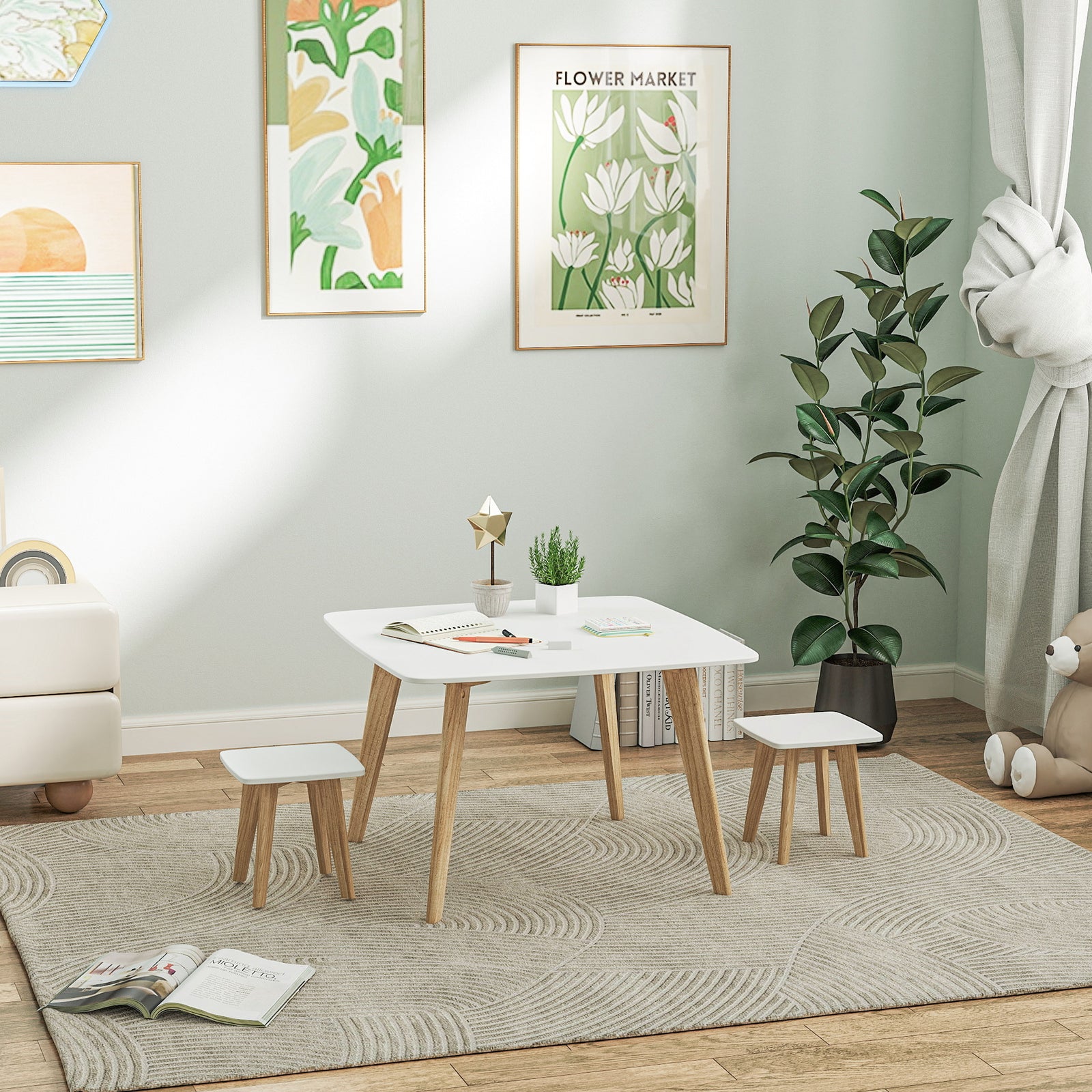 3 Pieces Kids Table And Chair Set For Playroom, Bedroom