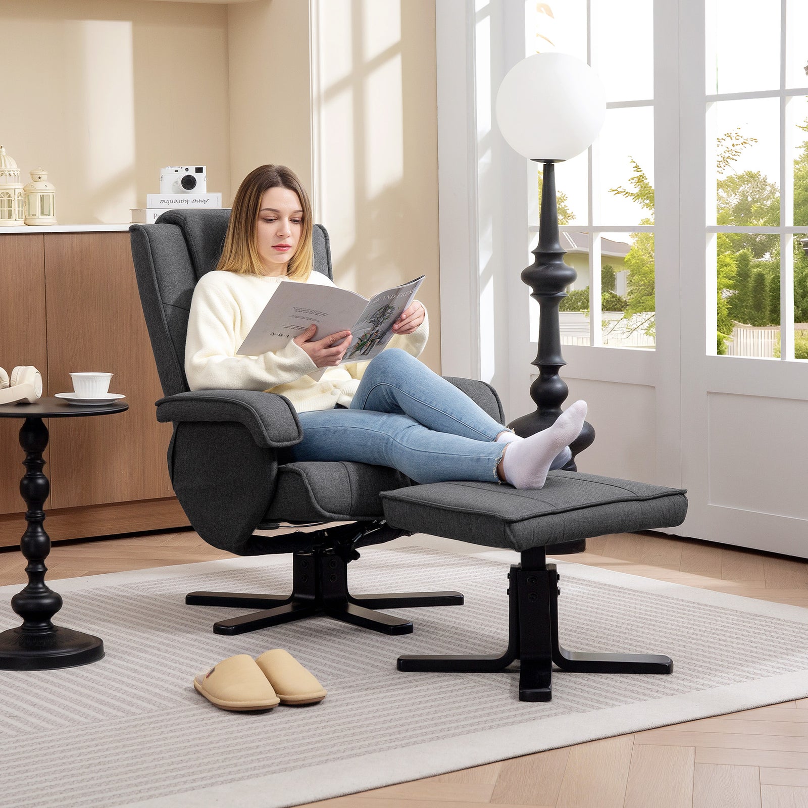 Swivel Recliner Chair With Footstool Linen