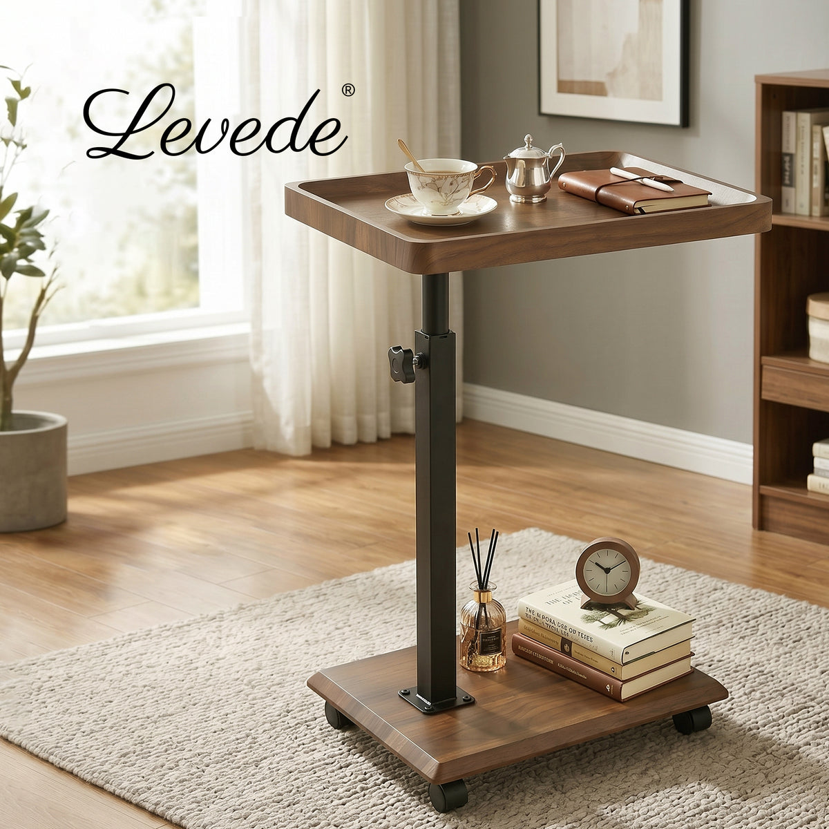 Levede C Shaped Side Table Height Adjustable Rolling 360° Swivel Top End Table
