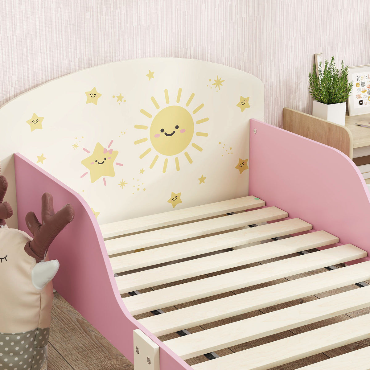 Toddler Bed, Sun-themed Kids Bed Frame With Storage | Pink
