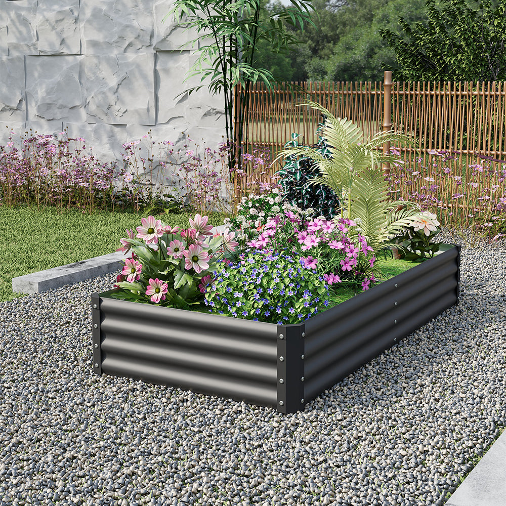 Rectangular Garden Bed – Durable Steel Raised Planter With Safe Edges,180cm W X 90cm D X 30cm H, 2 Support Bars | Black