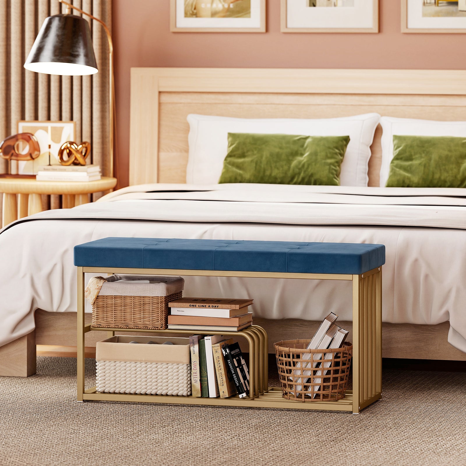 Shoe Storage Bench With Seat Cushion Tufted Shoe Rack Bench | Dark Blue