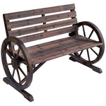 2 Seater Garden Bench W/ Wooden Cart Wagon Wheel Rustic Back | Brown