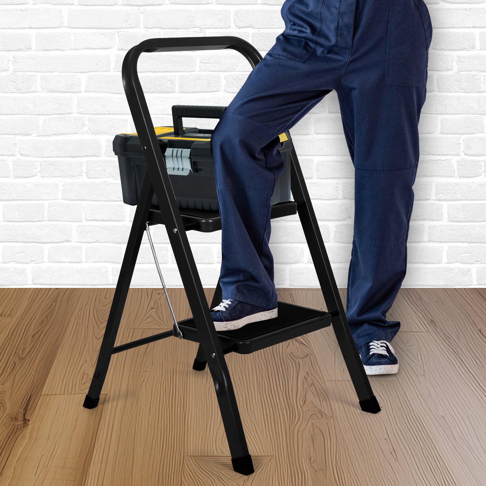 2 Step Ladder Black, Heavy-duty Steel Folding Home Diy Step Stool With Wide Non-slip Steps & Anti Slip Feet 150kg Capacity | 2 Step | Black