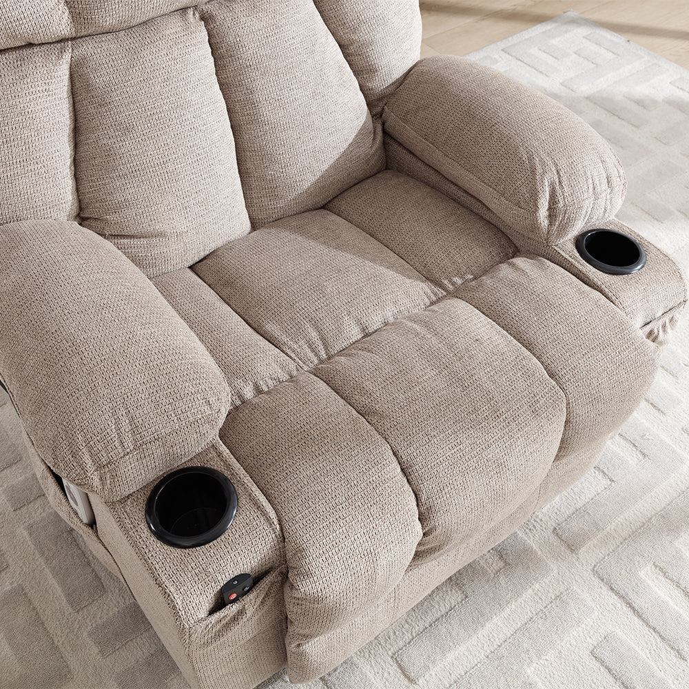 Oatmeal Electric Recliner Chair, Chenille Fabric, Heat & Massage, Cup Holders & Side Pockets