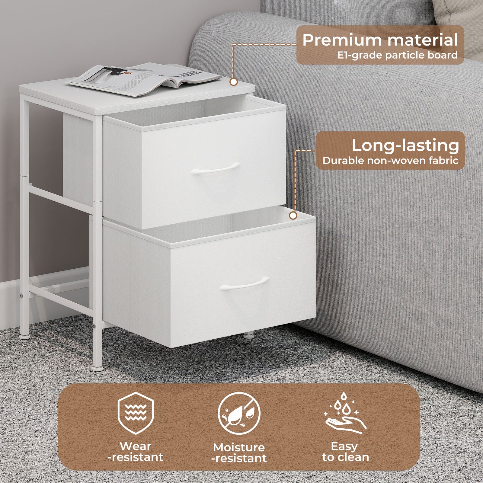 Bedside Table 2 Fabric Drawer Nightstand Shelf Storage Furniture Cabinet | White