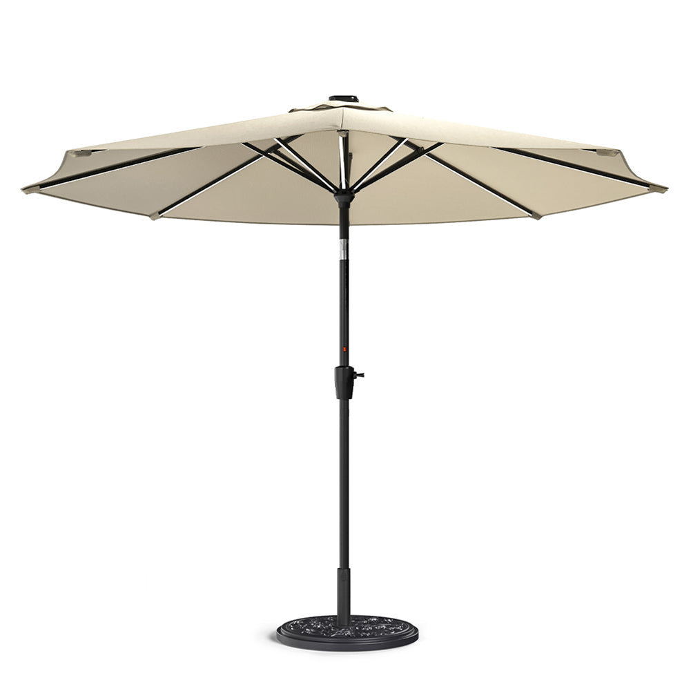 3m Solar Led Patio Umbrella, Outdoor Parasol With 16 Led Tubes, Crank Lift & Push Button Tilt With Cement Base | One Size | Beige