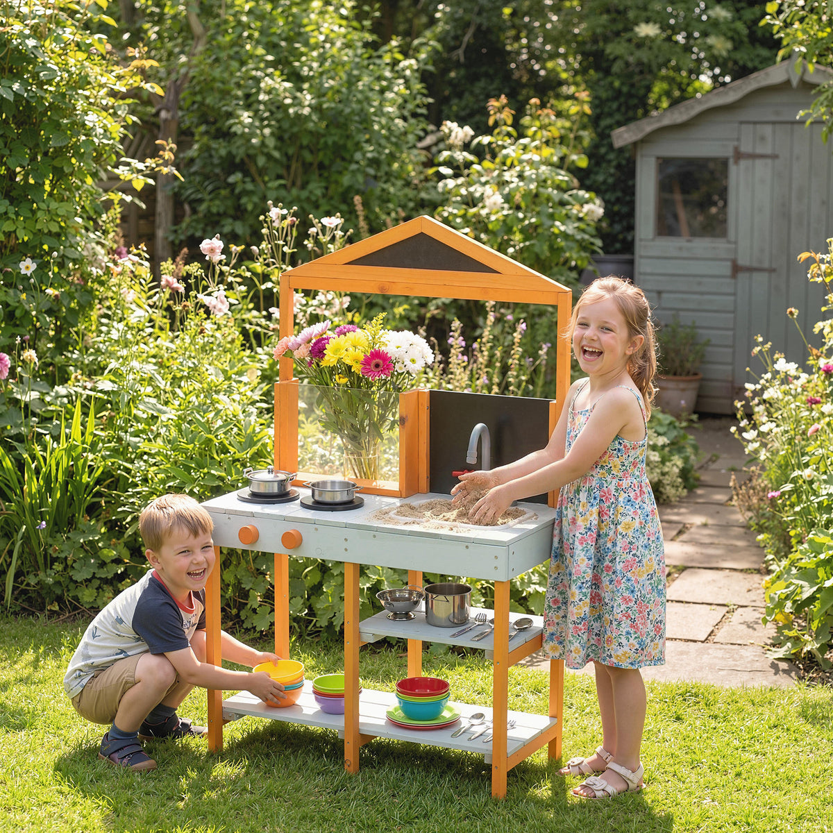AIYAPLAY Wooden Mud Kitchen For Kids With Removable Sink, Cookware, Shelves