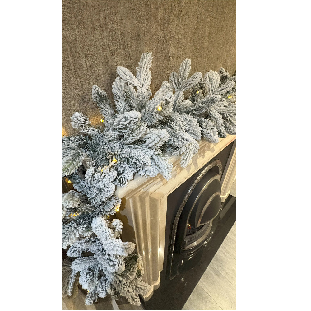 270cm Premium Mixed Branch Pre-lit Snow Filled Christmas Garland - With Timer
