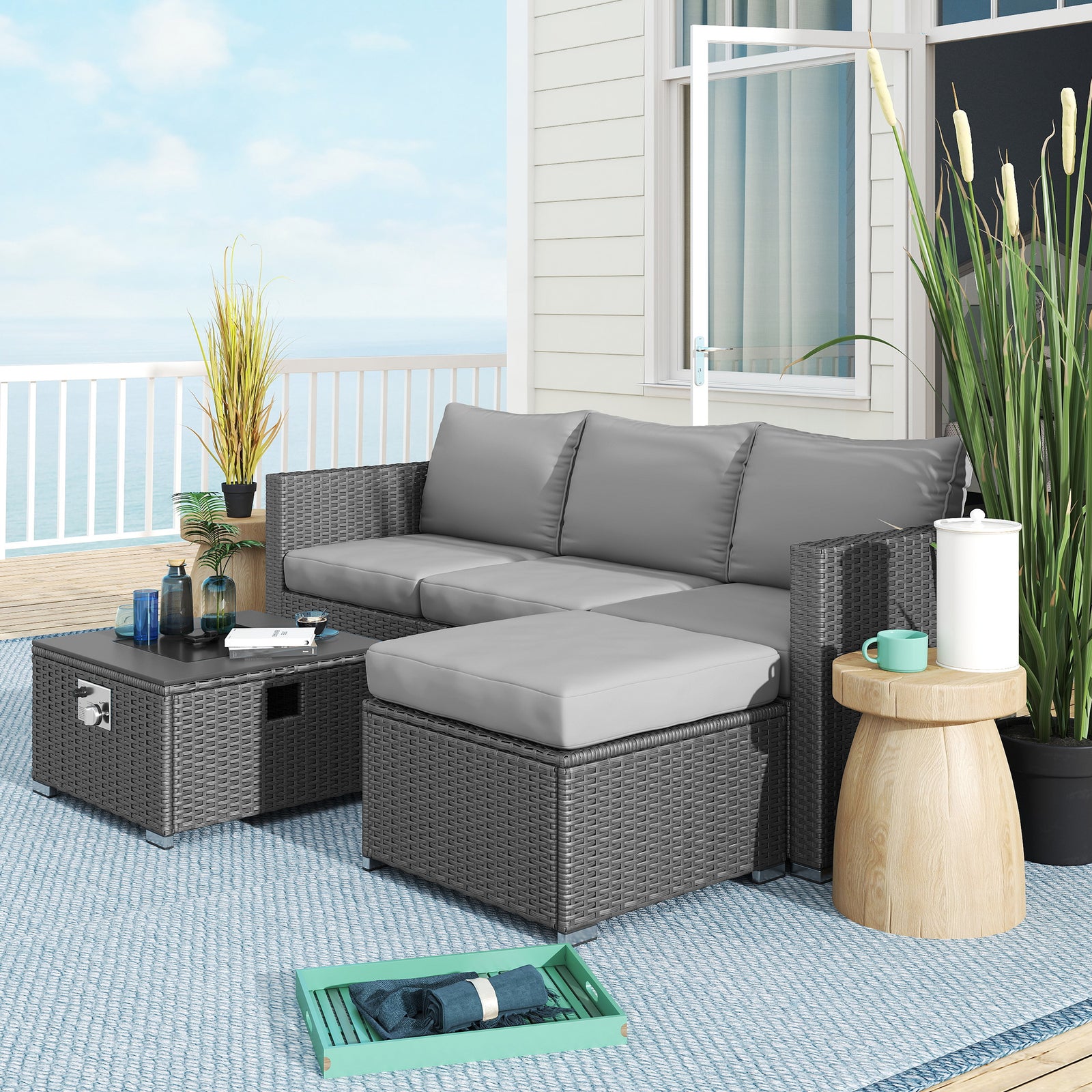 5 Piece Rattan Set With Gas Fire Pit | Grey