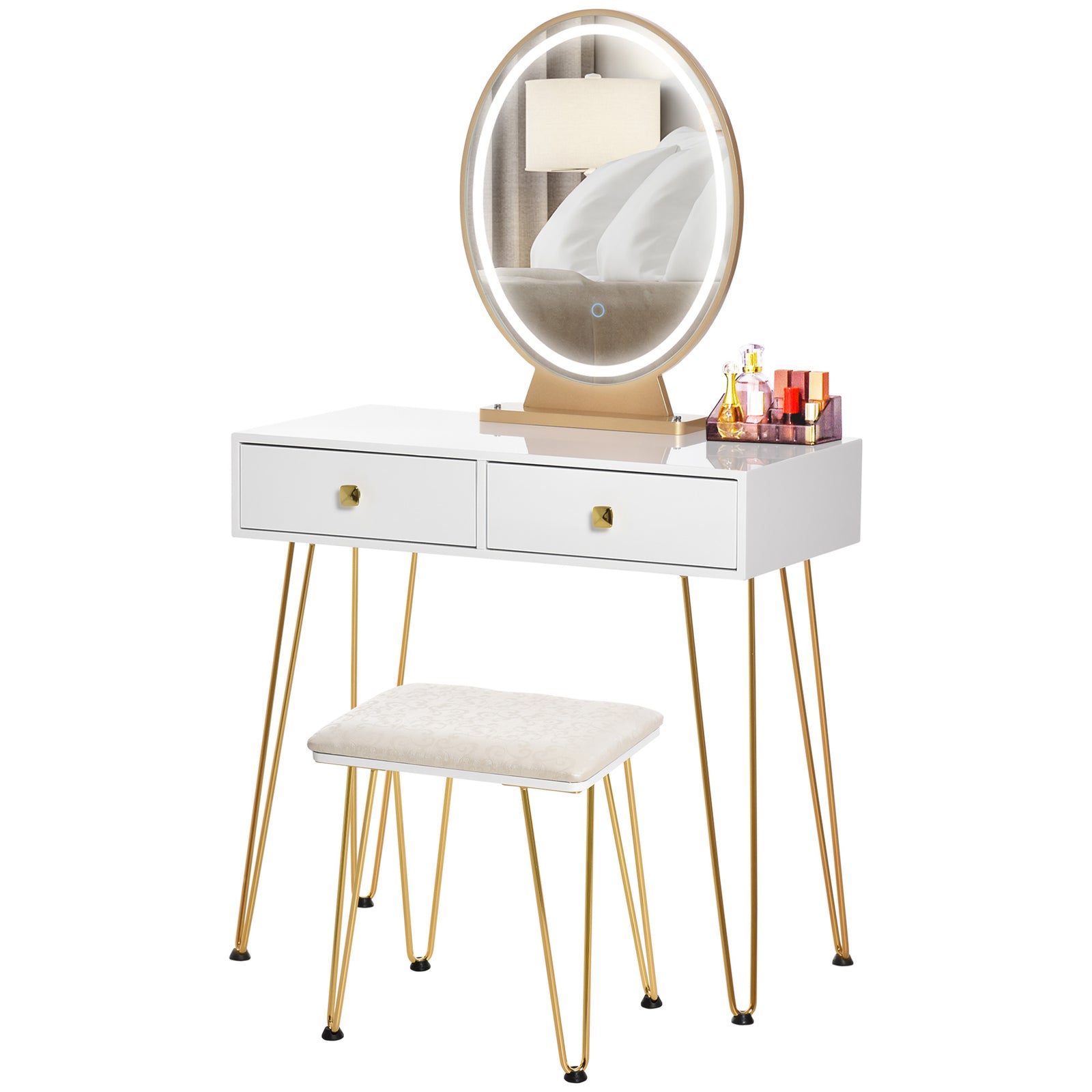 Dressing Table Set With Led Mirror & Stool 2 Drawers