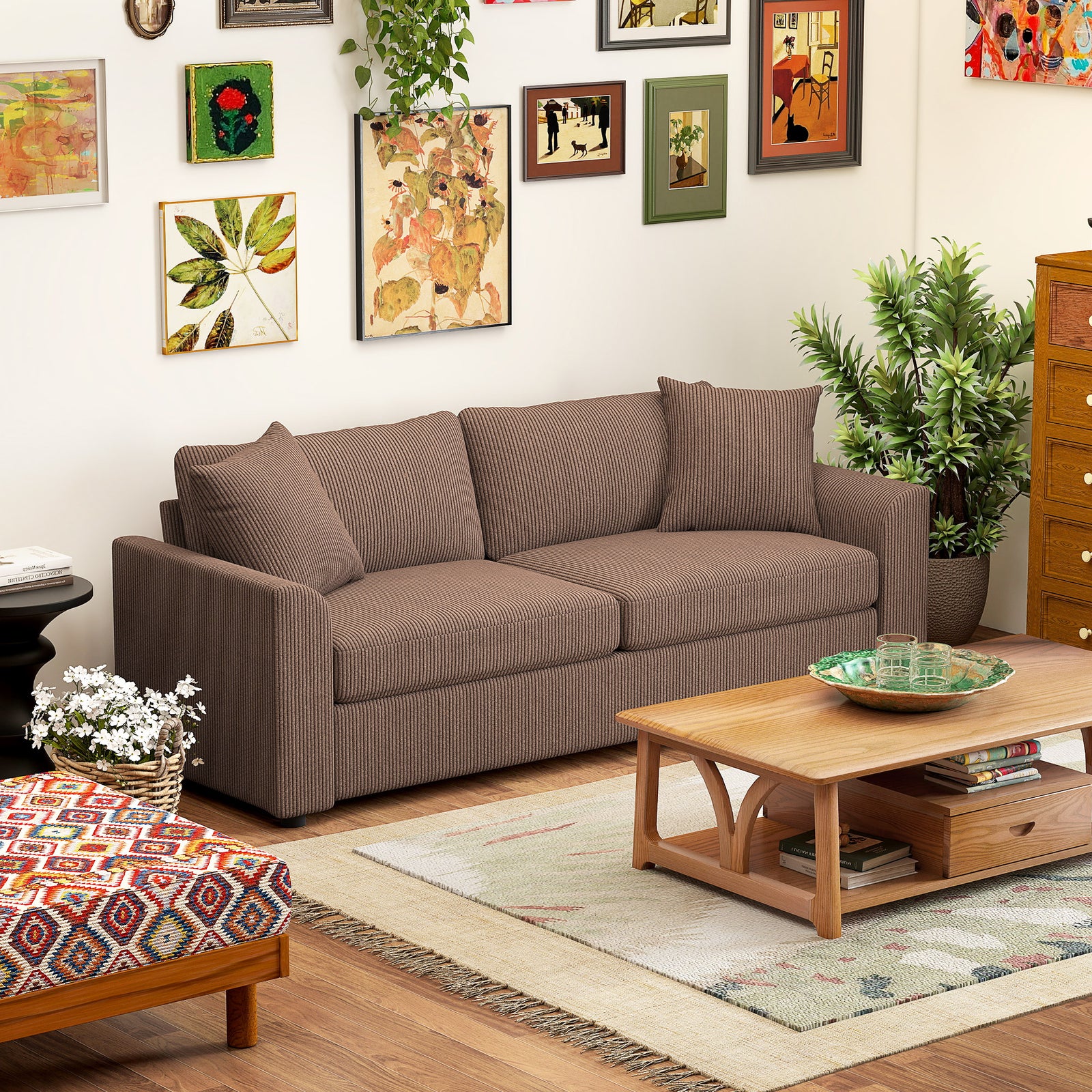 212 Cm Upholstered Jumbo Cord Sofa Couch With Spring Cushion | Brown