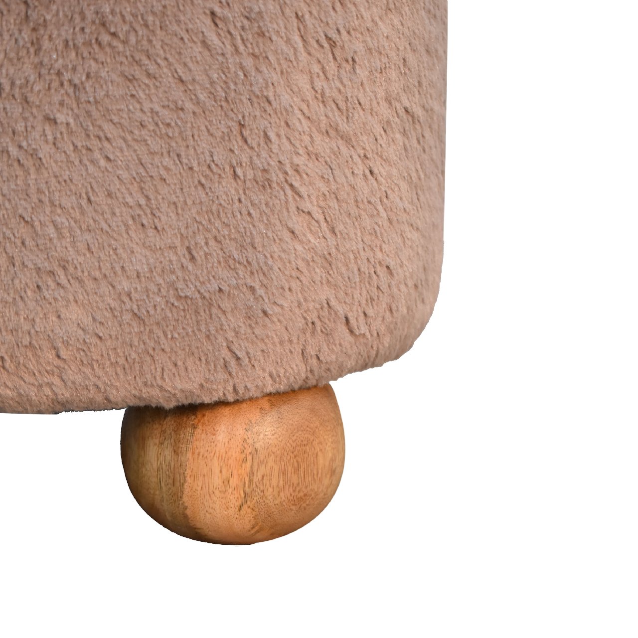 Solid Mango Wood Mocha Faux Fur Round Ball Footstool