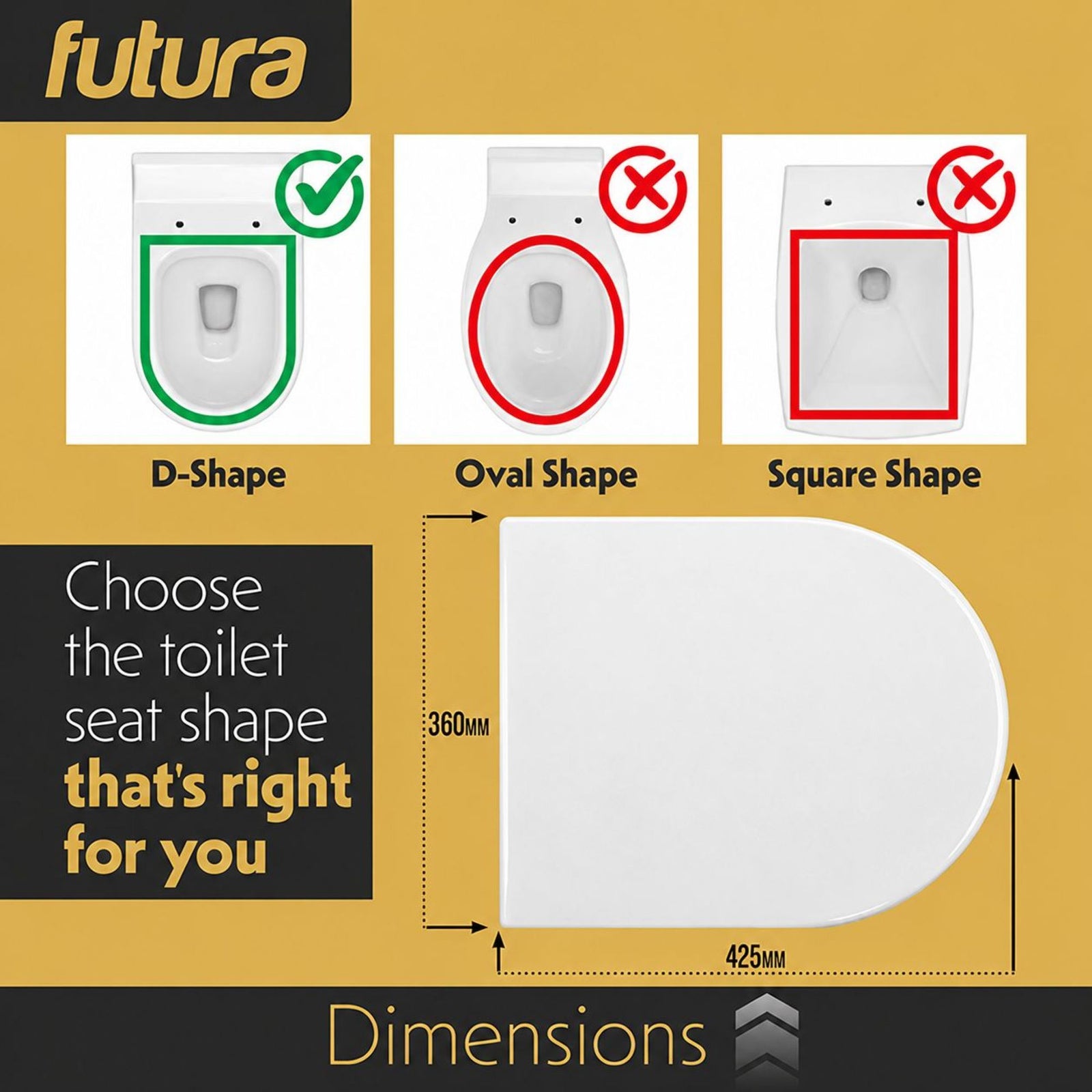 Toilet Seat Soft Close D Shape, Premium Thermoplastic, Quick Release, Top & Bottom Fixings | White
