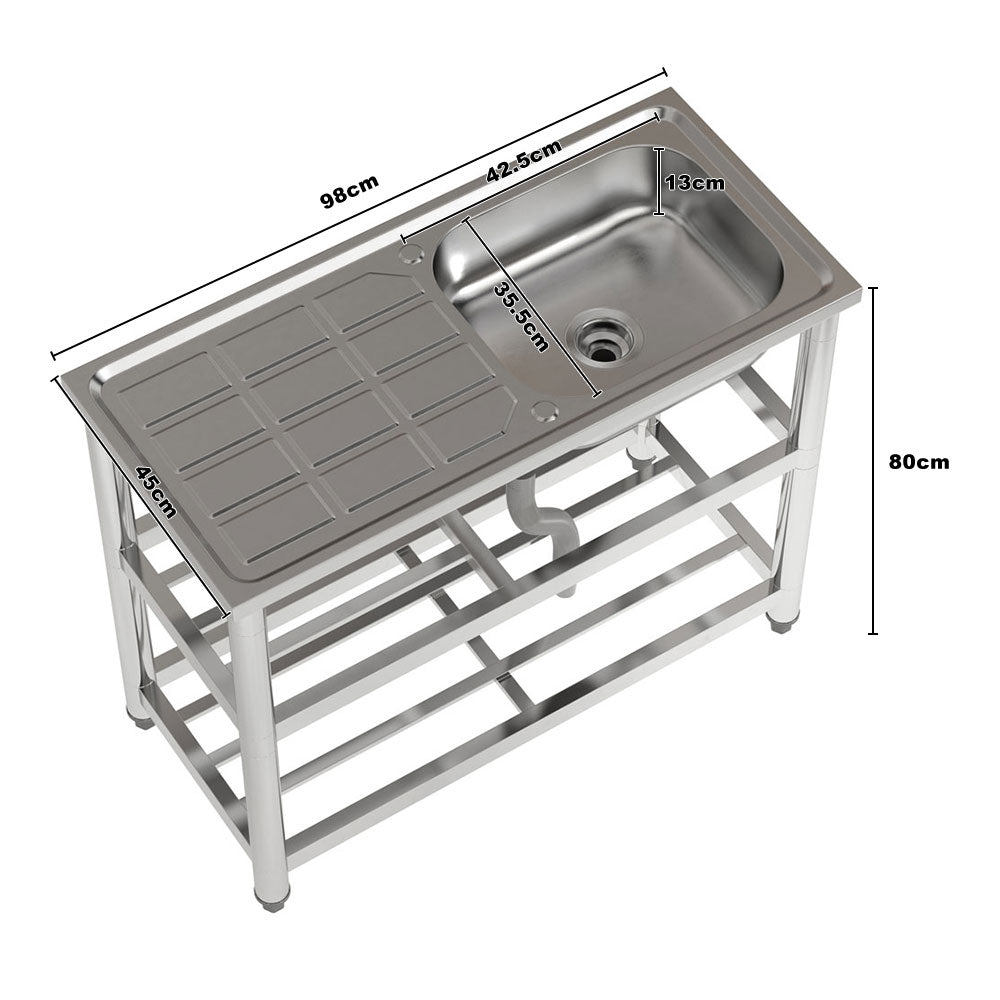 98cm W X 45cm D X 80cm H Stainless Steel One Compartment Sink With Drainboard And Shelf