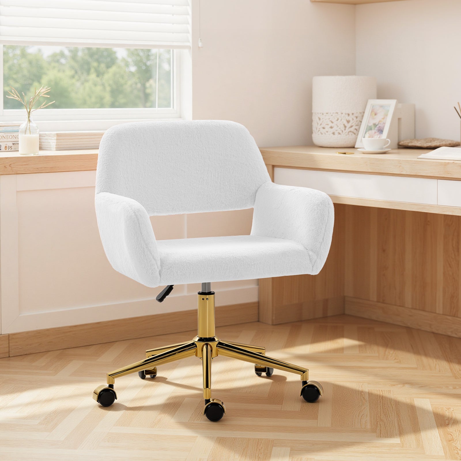 Swivel Office Chair, Vanity Desk Chair With Adjustable Height, Wheels | Cream