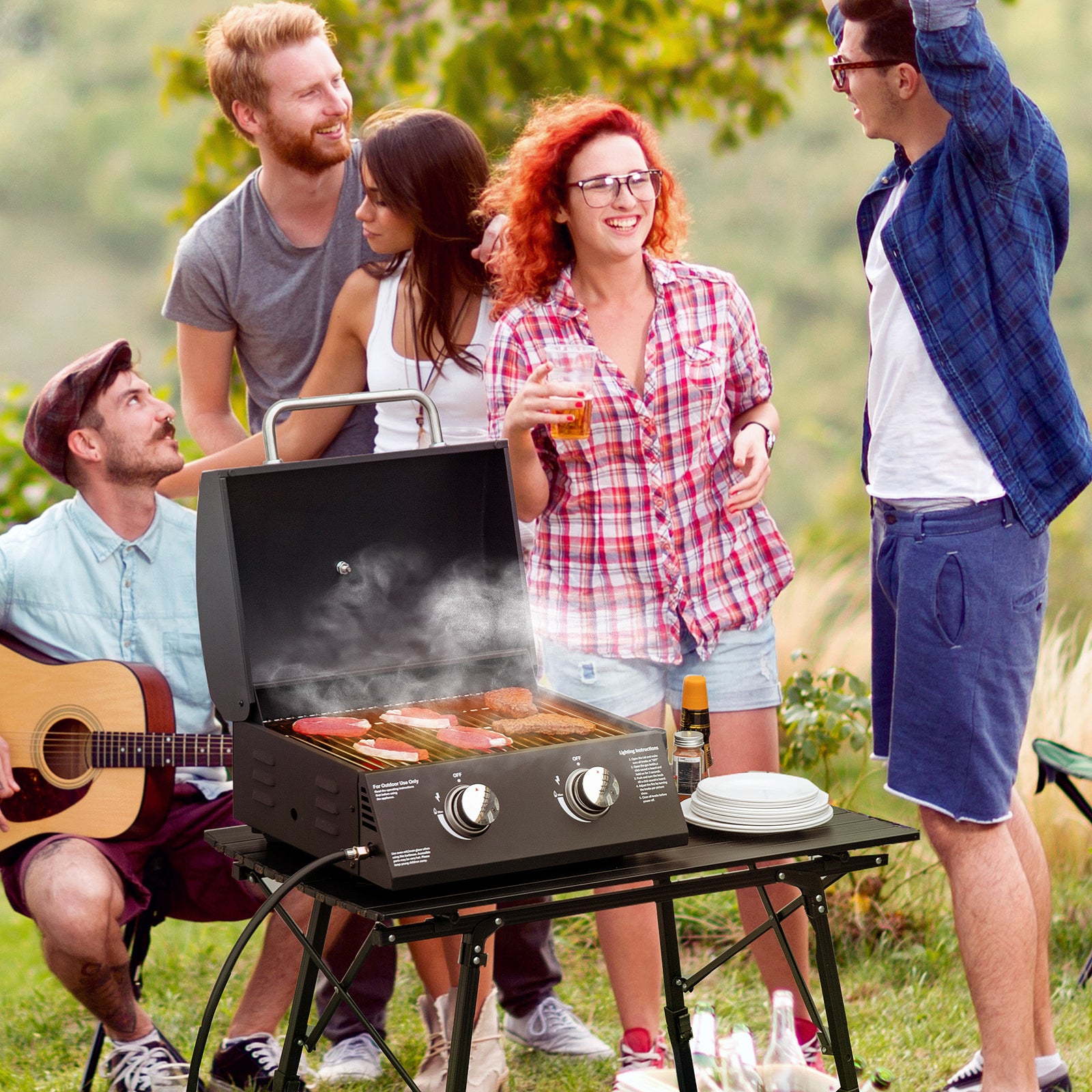 2 Burner Bbq Grill, Tabletop, Black | Black