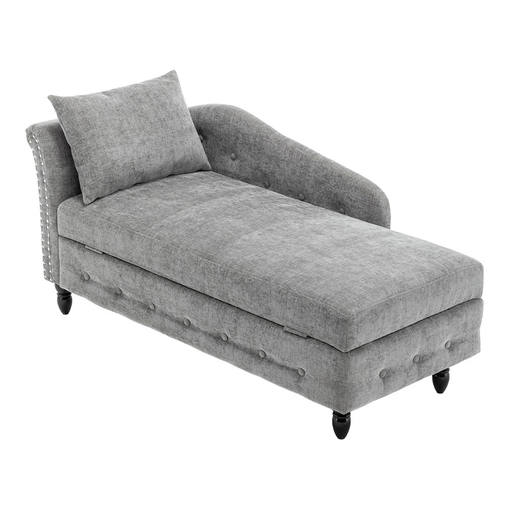 Left Hand Facing Chenille Chaise Lounge With Storage And Pillow | Grey