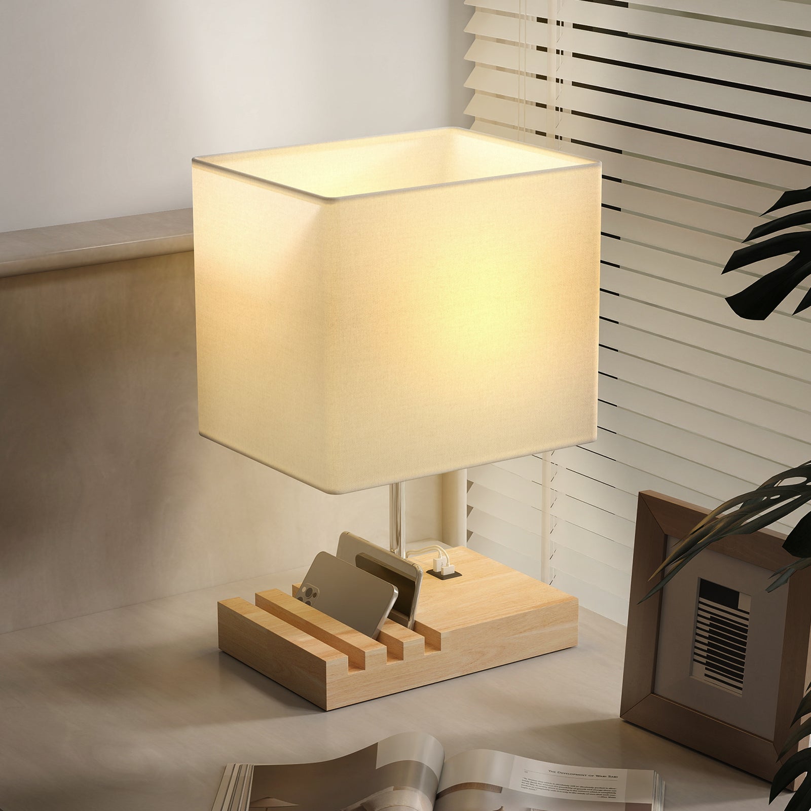 Table Lamp With 3 Slots, Bedside Lamp With Solid Wood Base | Brown