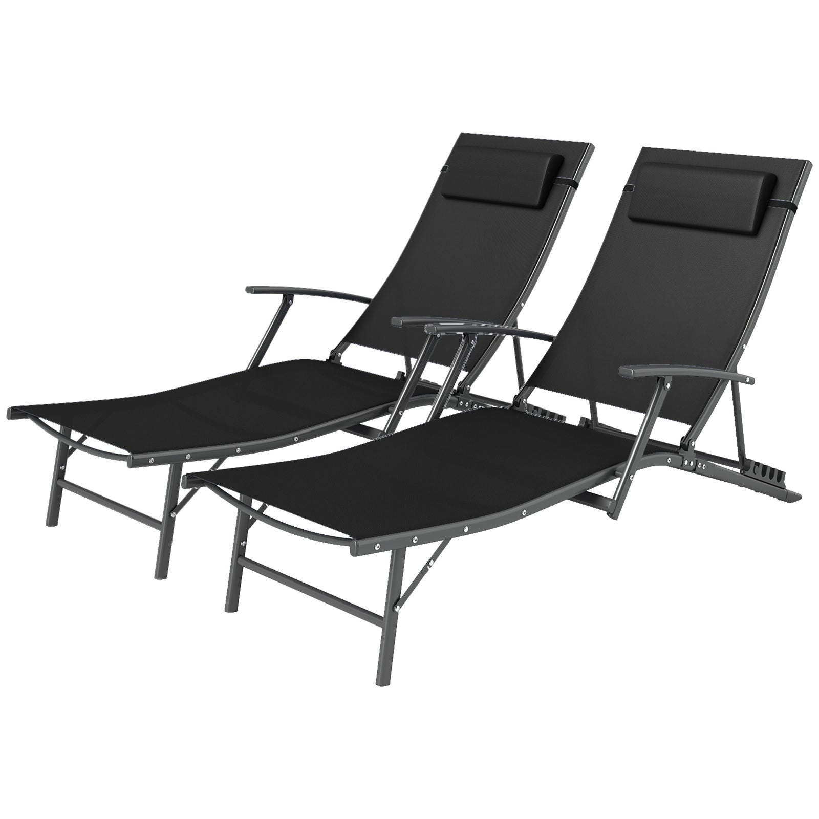 Set Of 2 Garden Sun Loungers, Folding Chaise Lounge Chairs | Black
