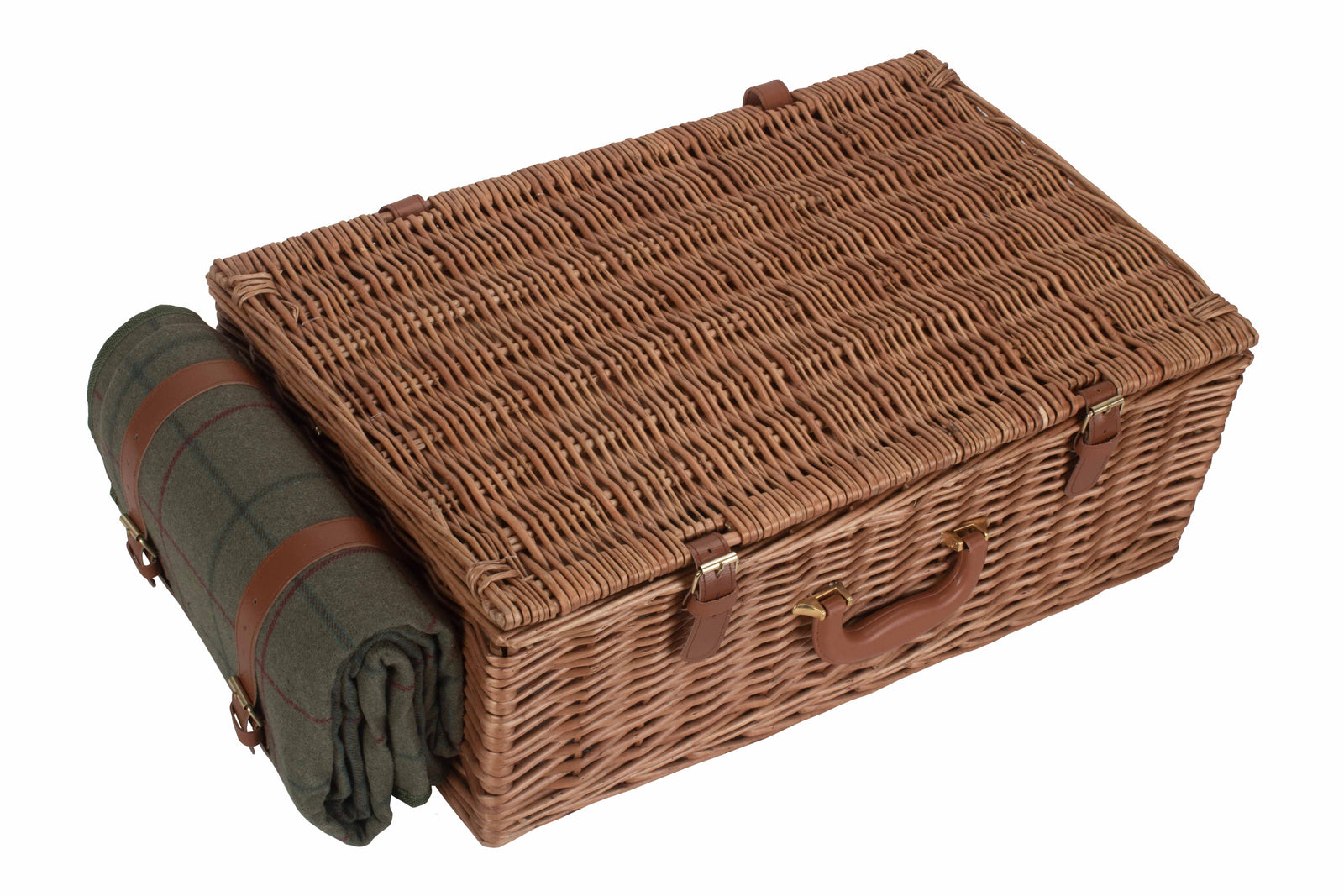 4 Person Green Tweed Fitted Picnic Wicker Basket
