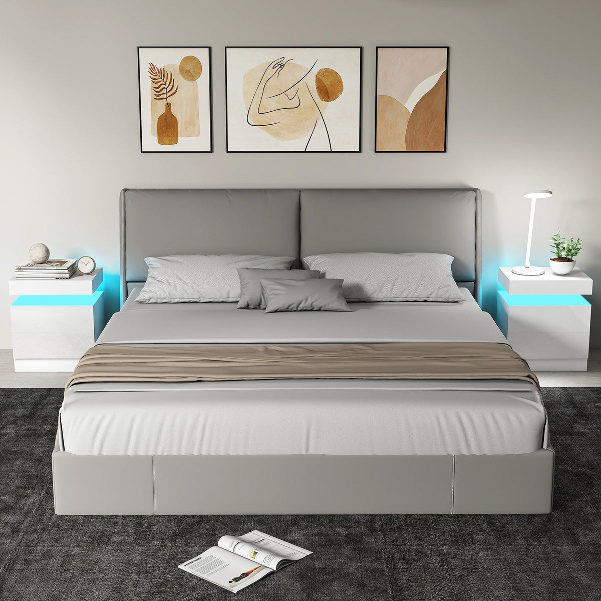 HOMCOM High Gloss Bedside Table With Led Light And 2 Drawers