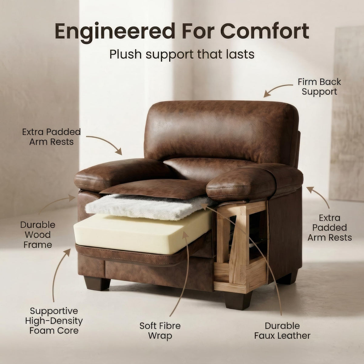 Oxford Faux Leather Sofa 1 Seater | Brown
