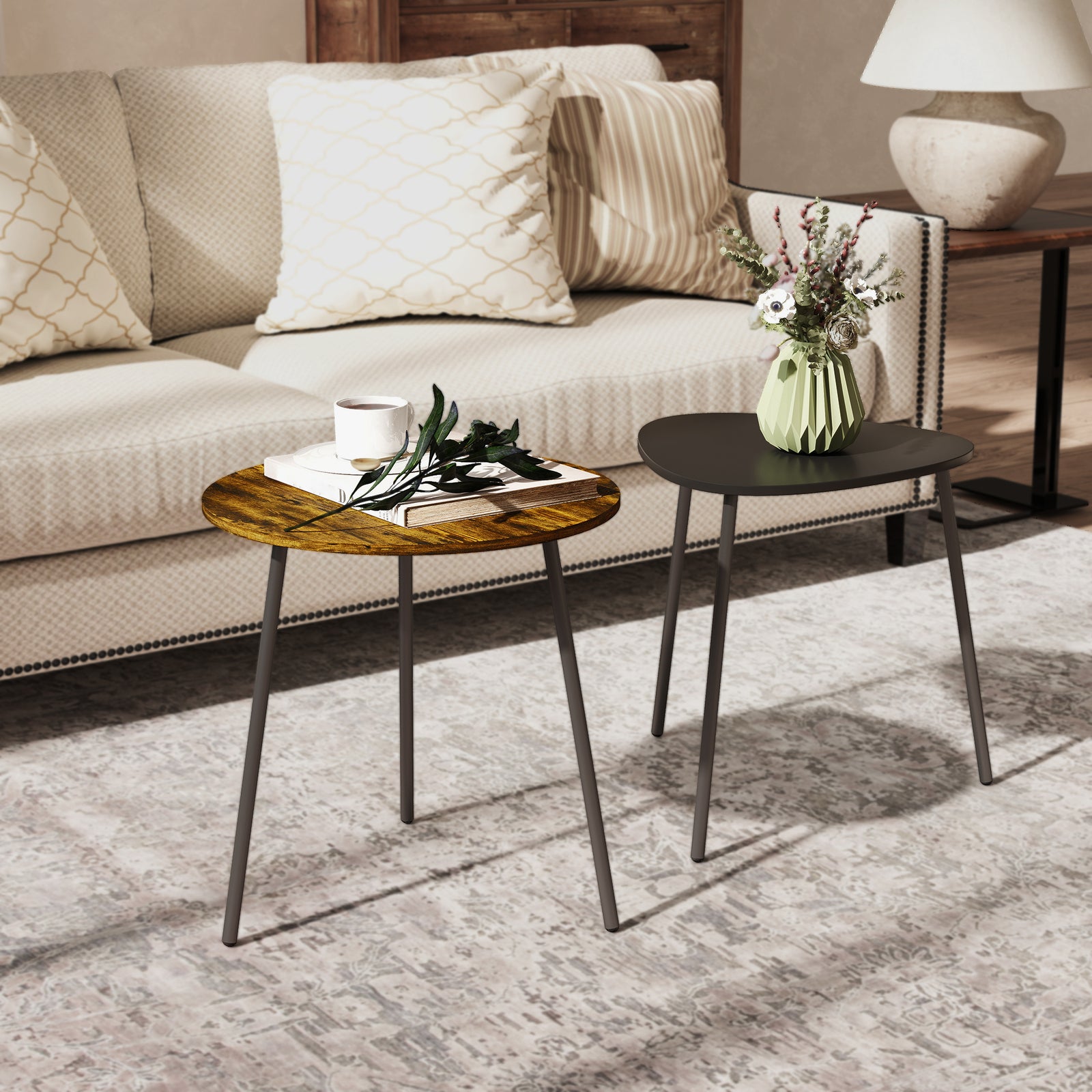 HOMCOM Set Of 2 Nesting Side Table With Metal Frame, Rustic Brown