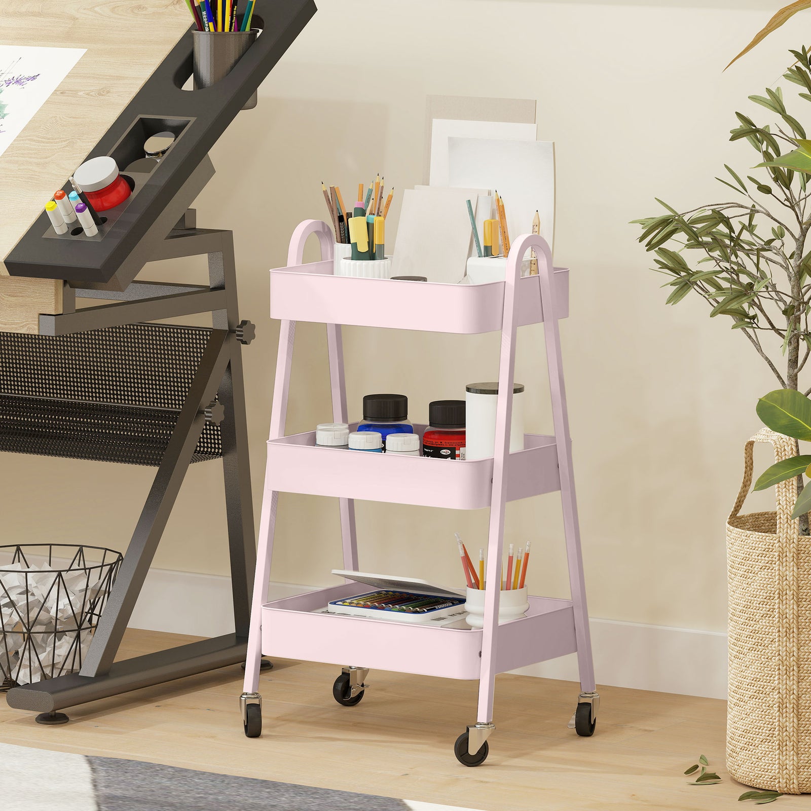 3-tier Kitchen Cart, Wheels | Pink