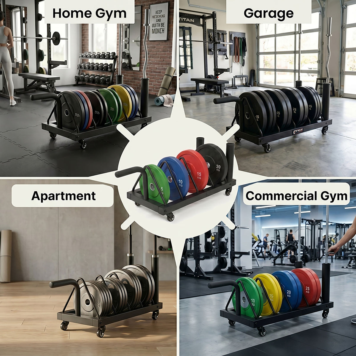 Centra Weight Plate Rack With 4 Plate Slots Wheels Horizontal Barbell Storage