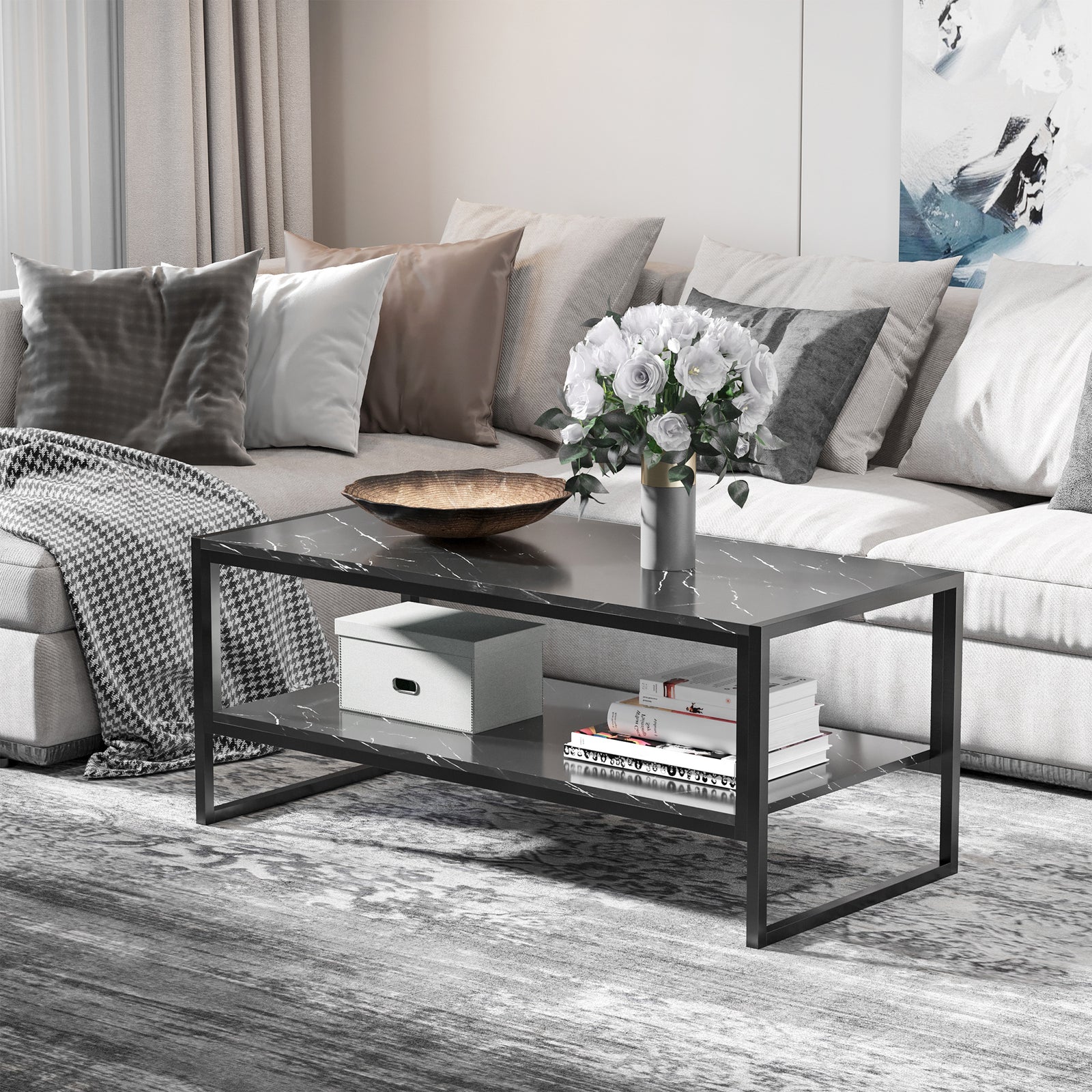 Two-tier Coffee Table, Marble Effect | Black