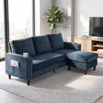 Chenille Upholstered L-shaped 3-seater Sectional Sofa With Ottoman | Blue