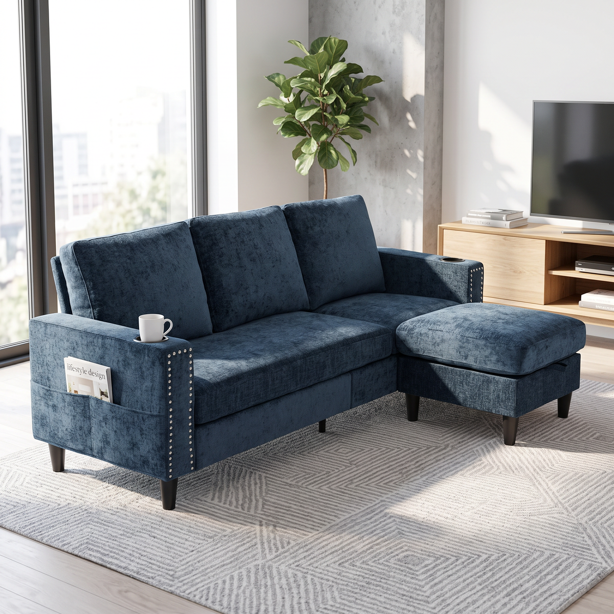 Chenille Upholstered L-shaped 3-seater Sectional Sofa With Ottoman | Blue