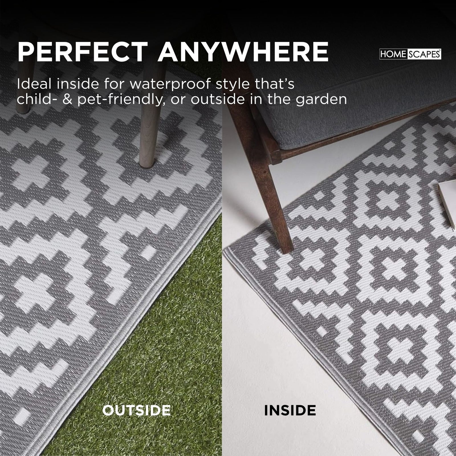 Luxury Outdoor Rug Waterproof Reversible For Garden Patio 100% Recycled, Grey Zoe Geometric | 180cm x 270cm | Grey