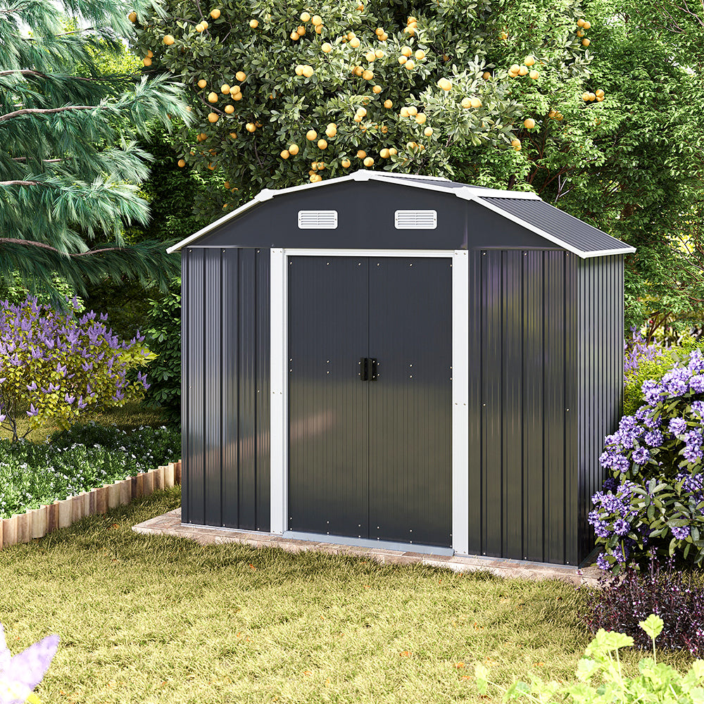 7.72 Ft X 4.3 Ft Outdoor Metal Storage Shed With Double Sliding Doors And Vents - Waterproof Garden Tool Organizer With Foundation And Shelving