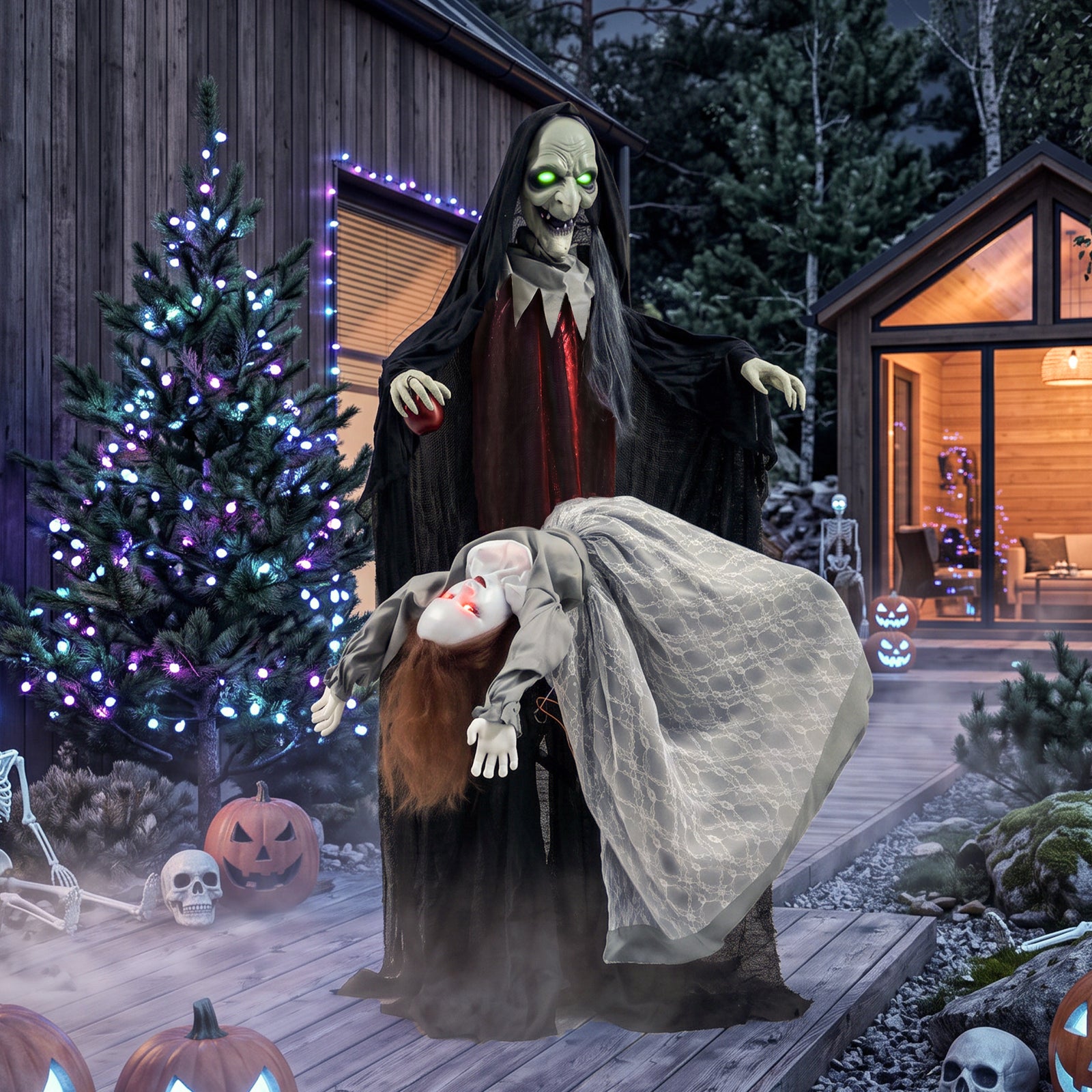 HOMCOM Halloween Animated Standing Witch With Floating Ghost Decoration