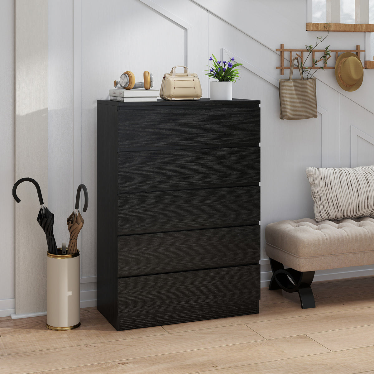 HOMCOM Chest Of Drawers With 5 Drawers, Modern Dresser For Bedroom, Black