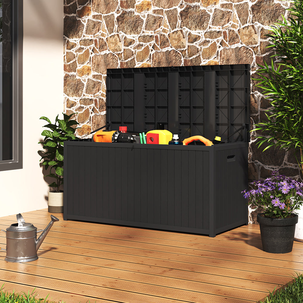 430L Large Garden Storage Box – Wooden Style Outdoor Storage Box, Waterproof, Durable & Easy to Assemble (No Wheels) | Black