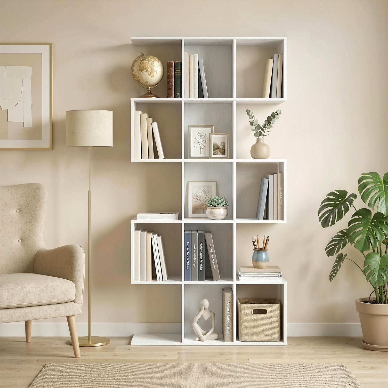 Geometric Bookshelf, 5-tier S Shaped Bookcase | White