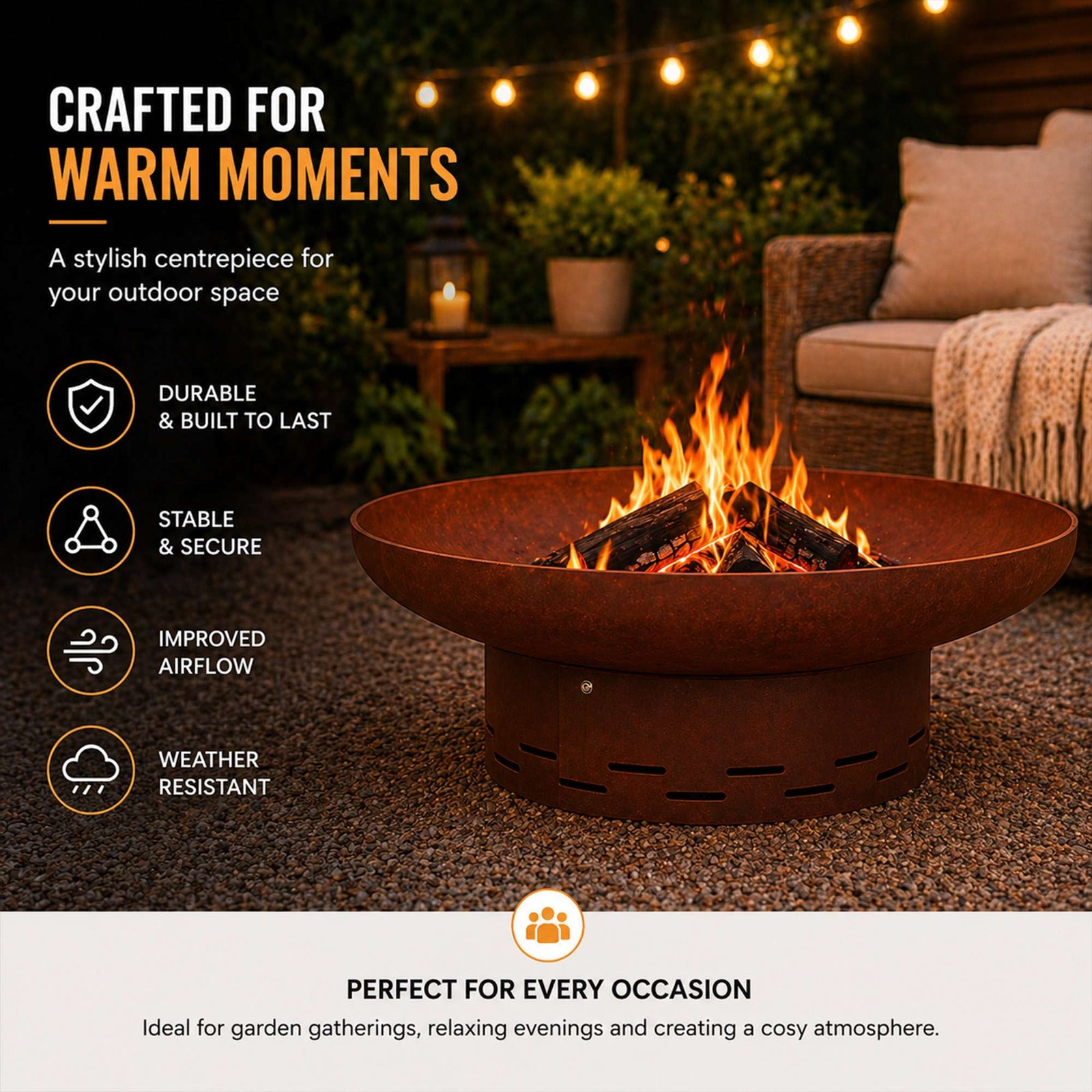 Nicoman Large Corten Steel Rust Fire Pit 70cm Outdoor Round Firepit For Garden