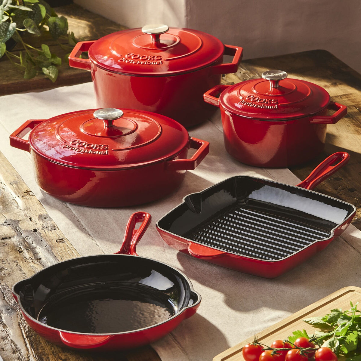 Cooks Professional 5 Piece Cast Iron Casserole Dish, Frying Pan & Skillet Set